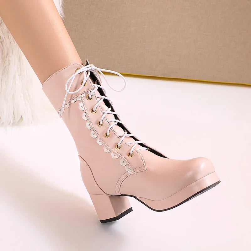 Moda feminina lolita meados de bezerro botas outono inverno elegante senhora cosplay sapatos de festa plataformas couro plus size botas dropship