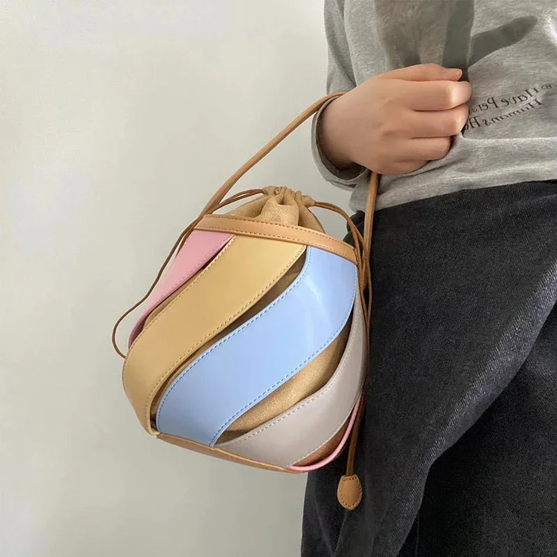 Bolsa feminina retrô de balde geométrico, elegante bolsa versátil de textura feminina, estilista de luxo, 2023