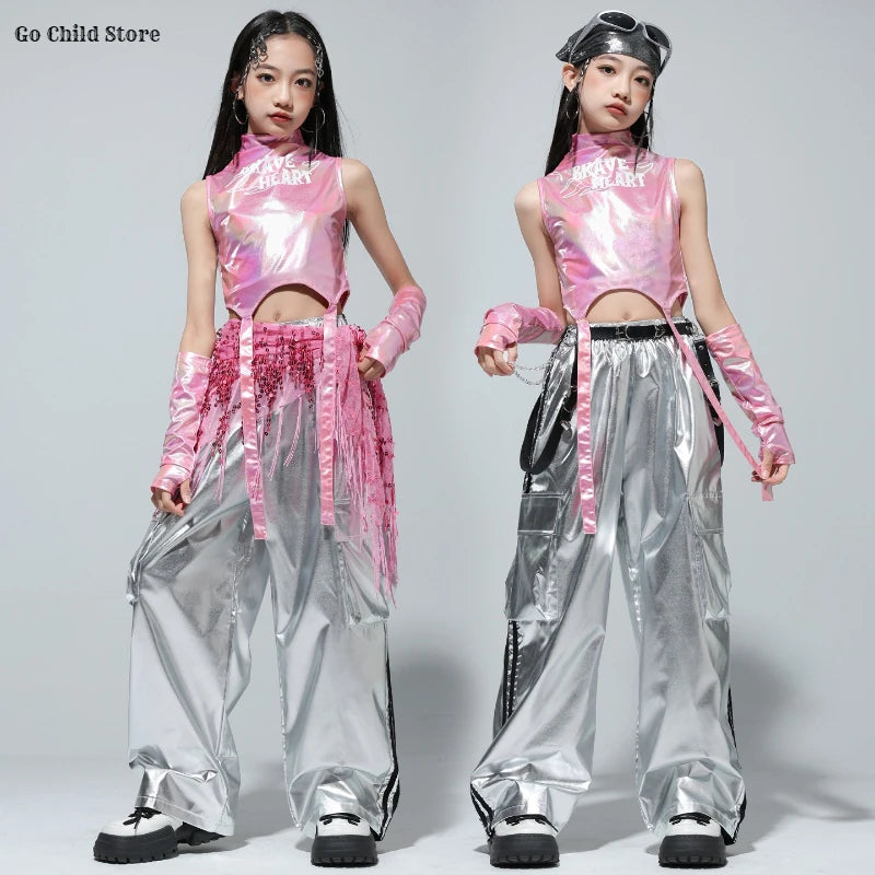 Meninas k-pop brilhante colheita superior calças de carga shorts de dança de rua crianças hip hop jazz conjuntos de roupas crianças streetwear menina grupo traje