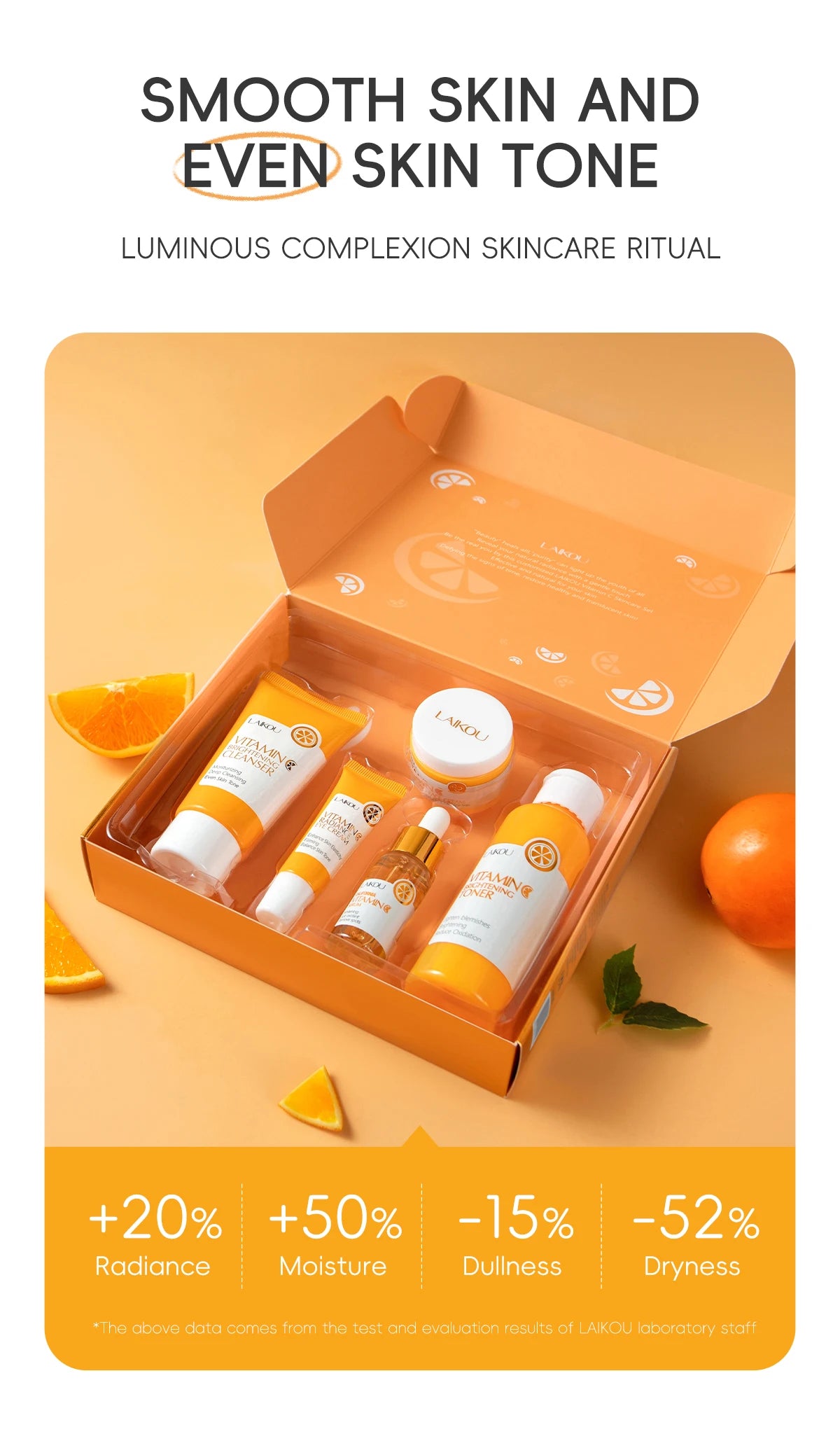 Laikou vitamin c conjunto de cuidados com a pele iluminando 5 pçs kit mesmo tom da pele suave rugas apertar poros limpador toner soro creme para os olhos