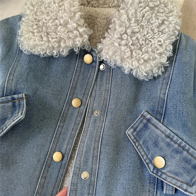 Inverno meninas grosso demin casacos bebê mais veludo quente outerwear com cinto crianças princesa projetado jaquetas longas crianças roupas