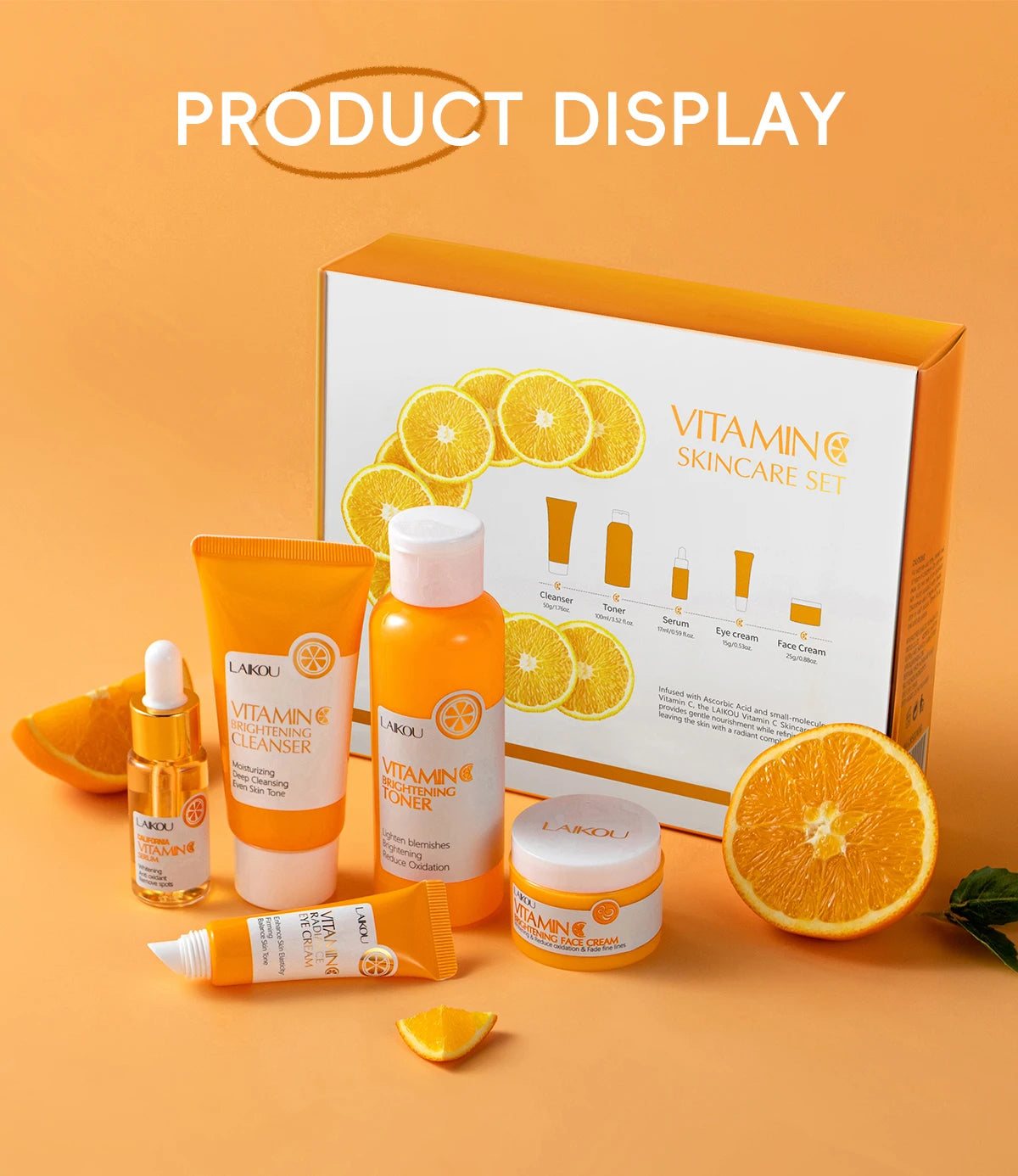 Laikou vitamin c conjunto de cuidados com a pele iluminando 5 pçs kit mesmo tom da pele suave rugas apertar poros limpador toner soro creme para os olhos
