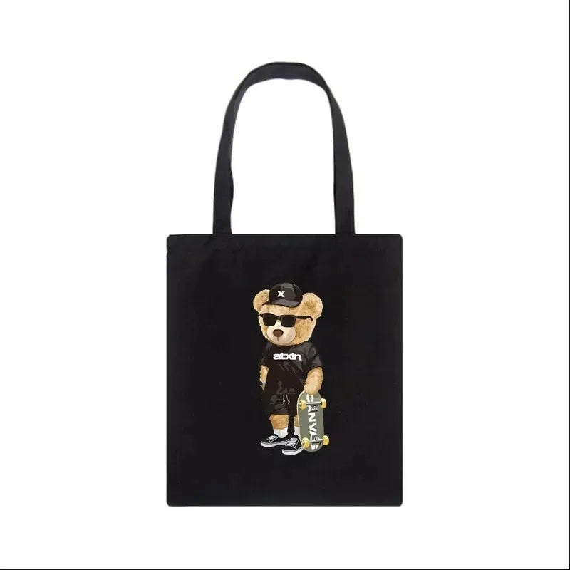 Moda urso impressão eco mulheres sacos de ombro bolsa feminina lona saco de compras casual grandes senhoras viagem totes sacos