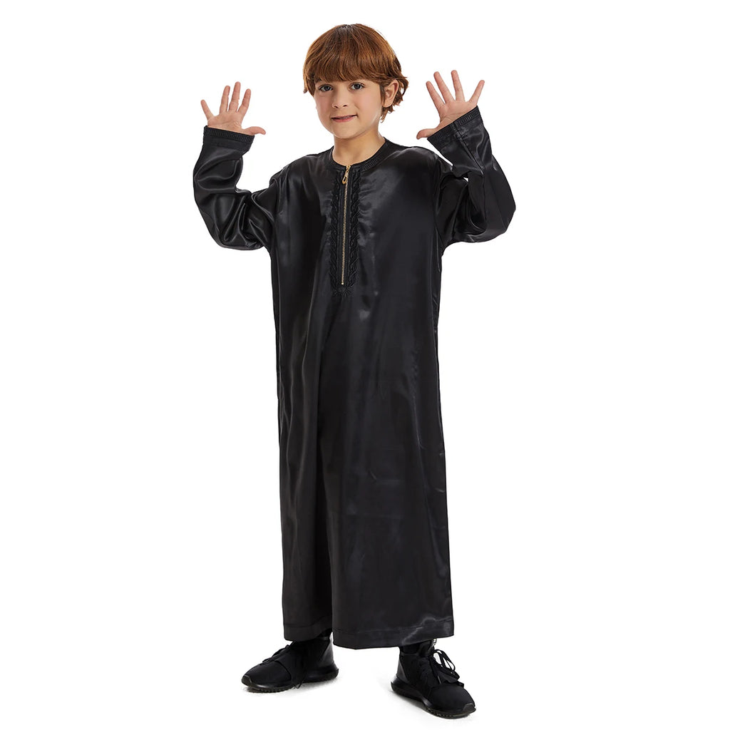 Crianças muçulmanas Abaya Ramadan Jubba Prayer Thobe, vestido longo islâmico para crianças, vestido com o pescoço para meninos, Kaftan Dubai e árabe