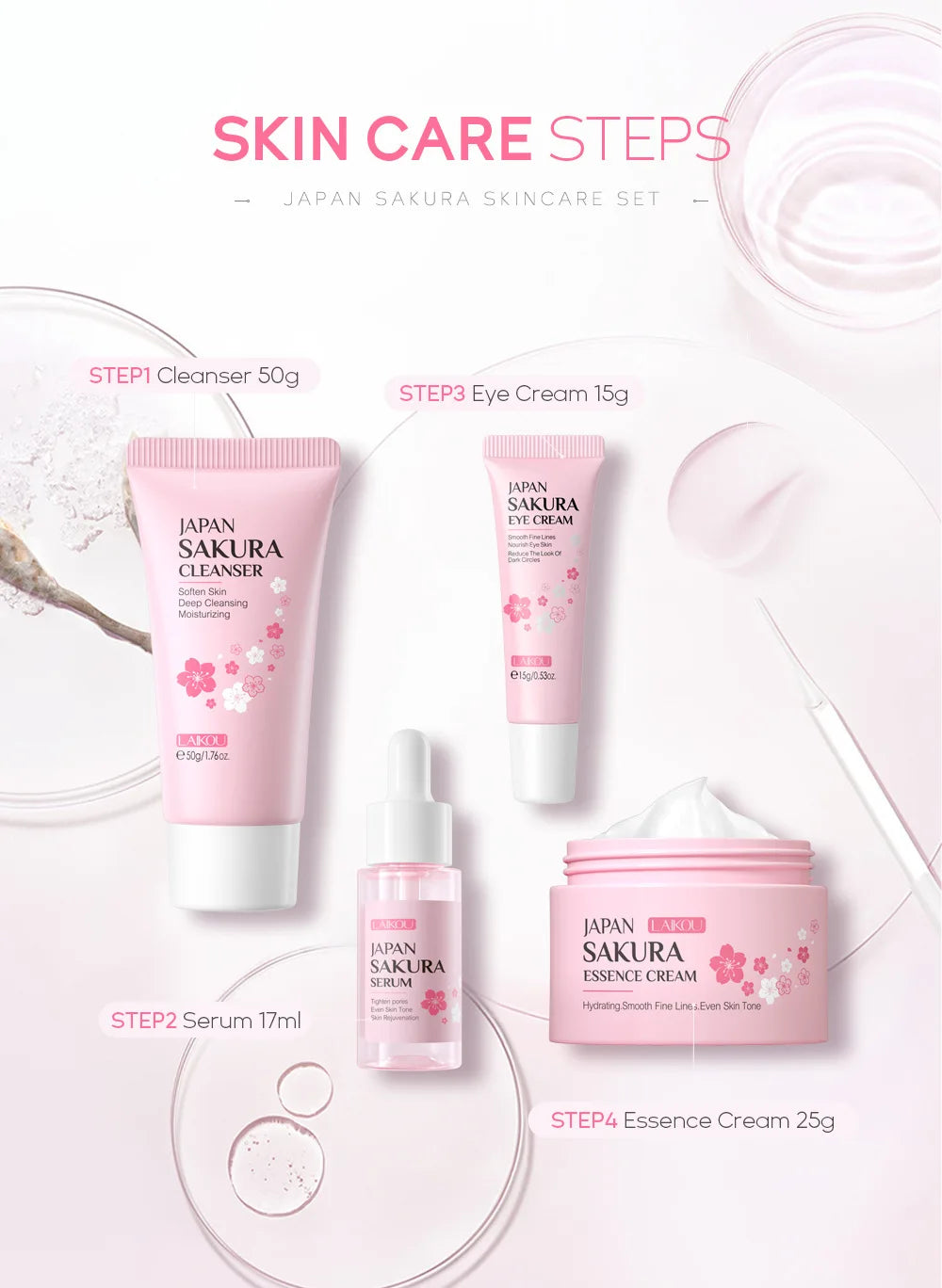 Conjuntos de cuidados com a pele Laikou Sakura com limpador, sérum, creme para os olhos, creme essencial, produtos de beleza para mulheres, presente de Natal.