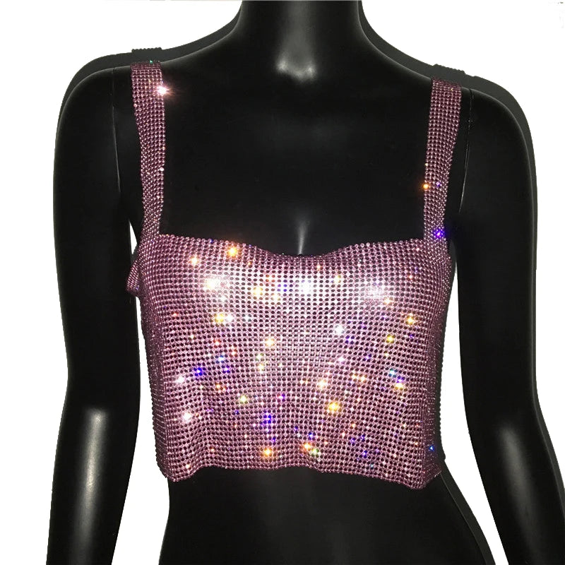 2025 glitter boate sem costas strass regata feminina sexy metal cristal diamantes lantejoulas noite clube festa wear topo de colheita