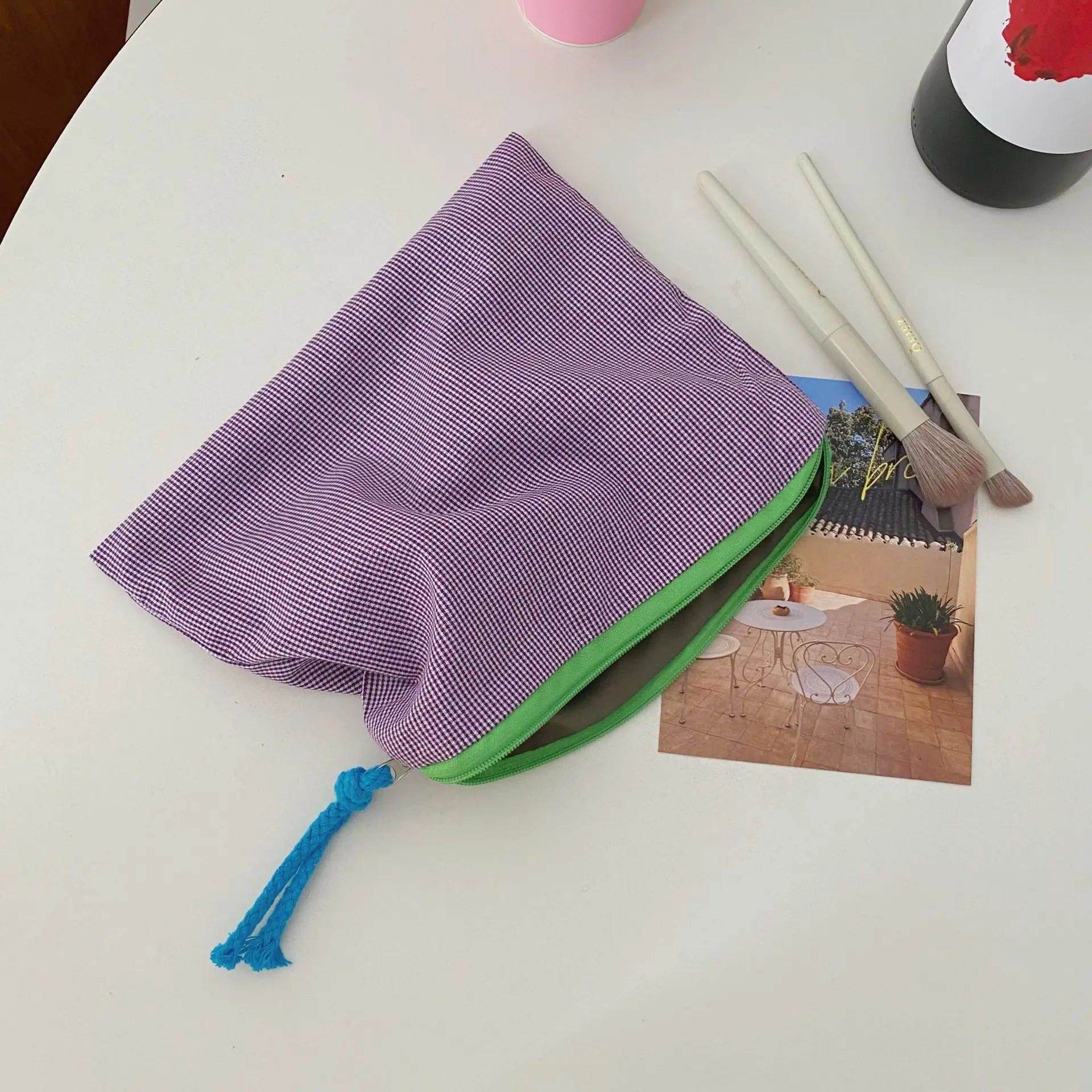 Venda quente feminino xadrez saco de maquiagem grande capacidade algodão zíper bolsa bolsa de viagem saco de maquiagem portátil simples bolsa saco de cosméticos
