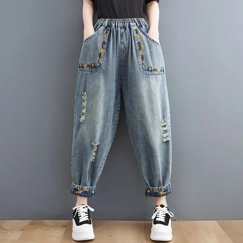 Jeans de namorado de cintura alta para mulheres, streetwear vintage, básico bordado floral, calças jeans femininas harém, novo, primavera, B3782, 2024
