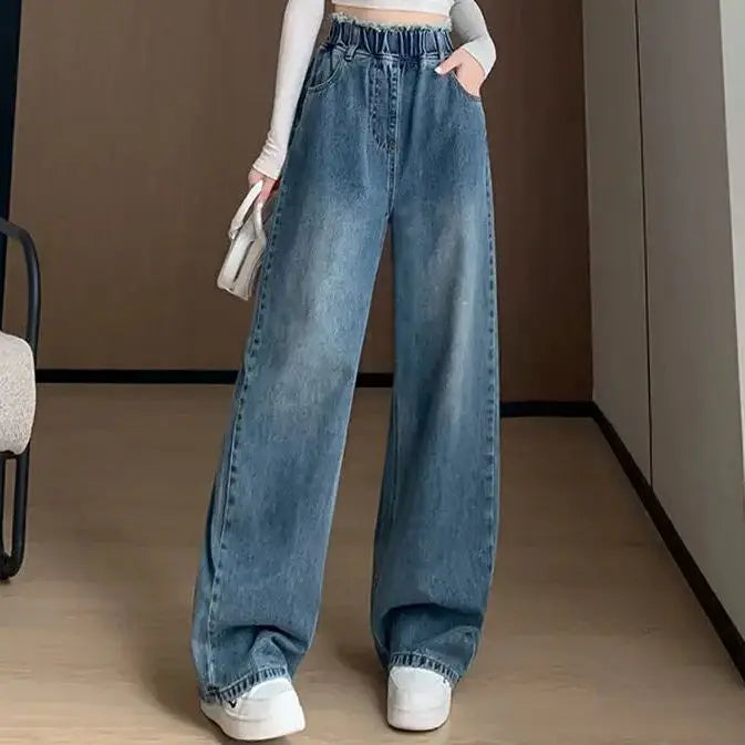 Calças jeans de tamanho grande femininas trilha reta perna larga solta cintura alta fina renda borla calças superiores
