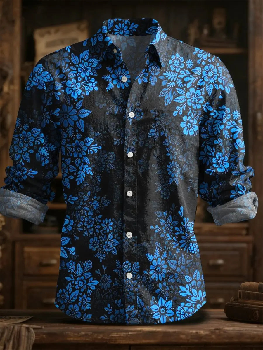 2025 primavera/verão moda masculina linho manga longa camisa de linho, impressão elegante, design de flor requintado