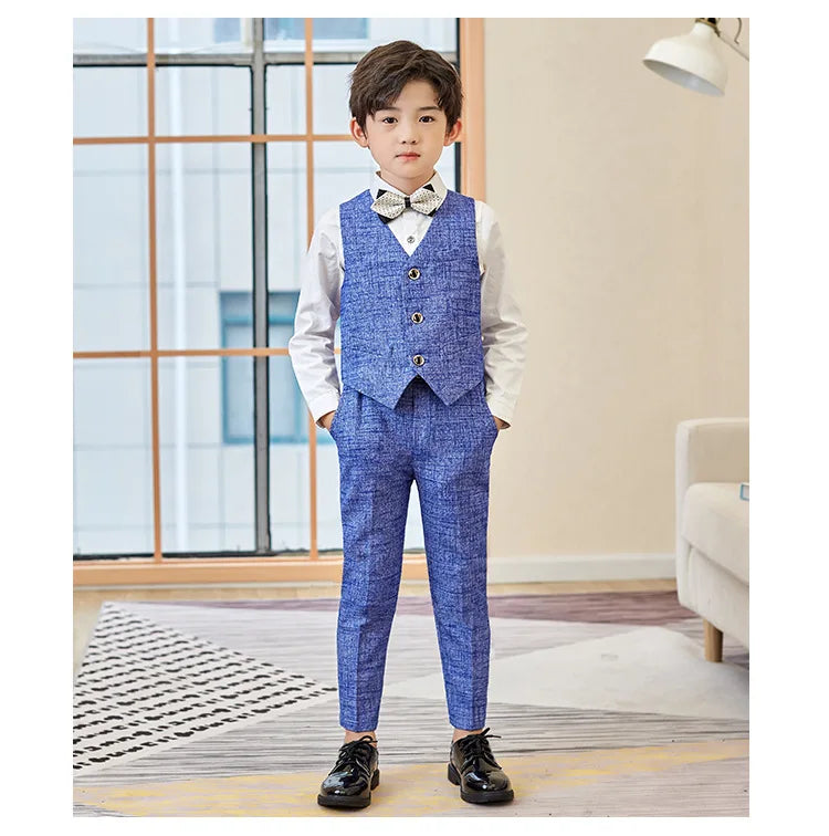 Meninos 5 peças/set jaqueta colete calças broche bowtie fotografia terno crianças formal festa de aniversário casamento smoking conjunto crianças blazer