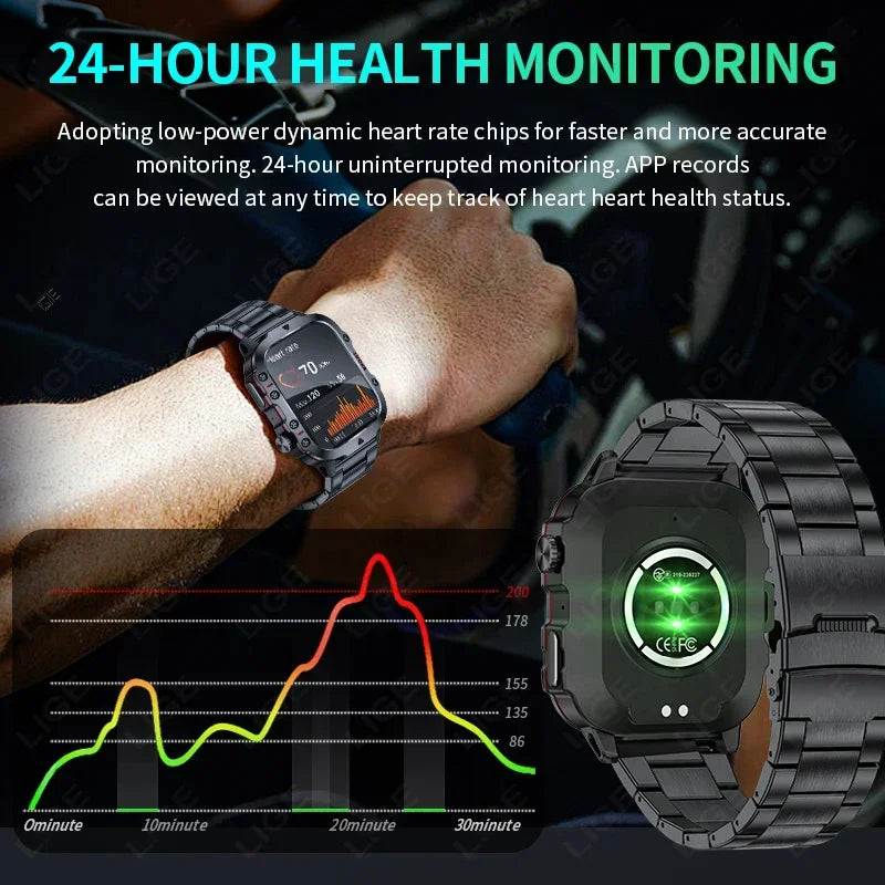 Relógio inteligente militar robusto à prova d'água para homens, relógios ao ar livre, chamada Bluetooth, Android IOS, LIP68, 2.01 "Al Voice, 2026