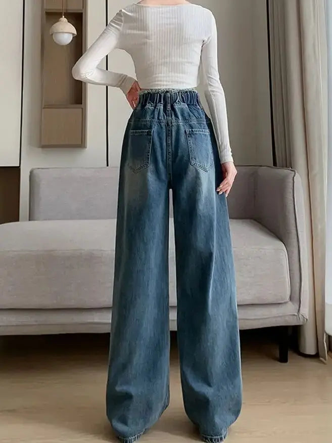 Calças jeans de tamanho grande femininas trilha reta perna larga solta cintura alta fina renda borla calças superiores