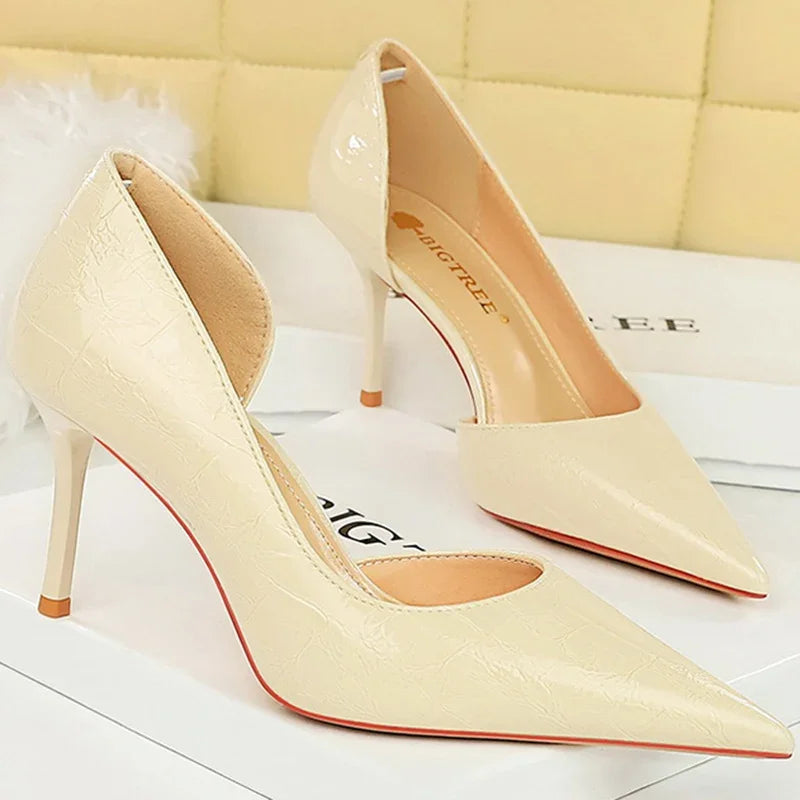 Estilo ocidental festa sapatos femininos 8cm salto alto fino raso apontou toe lado oco serpentina retro senhoras elegantes bombas marrom