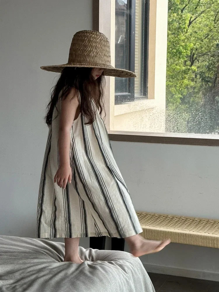 Crianças roupas meninas vestido sem mangas nova moda verão 2025 estilo coreano listra vertical francês retro vestido de férias