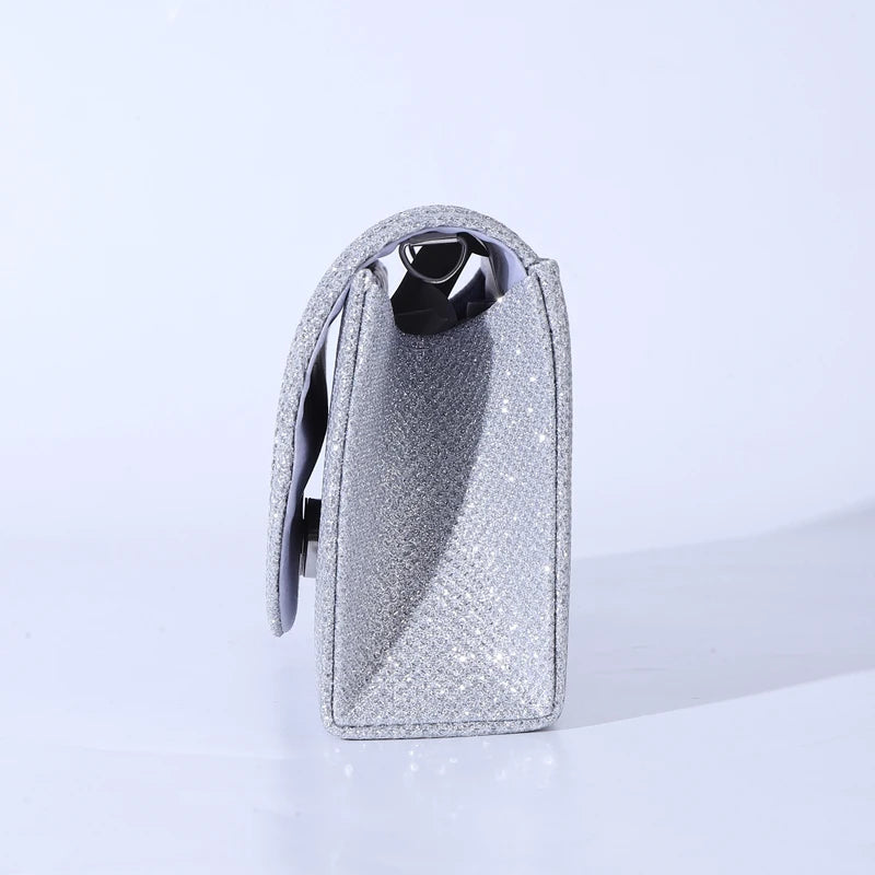 Bolsa de Noite Prateada com Glitter para Mulheres, Elegante e Fashion, Bolsa Longa com Cadeado, Clutch para Casamentos e Festas