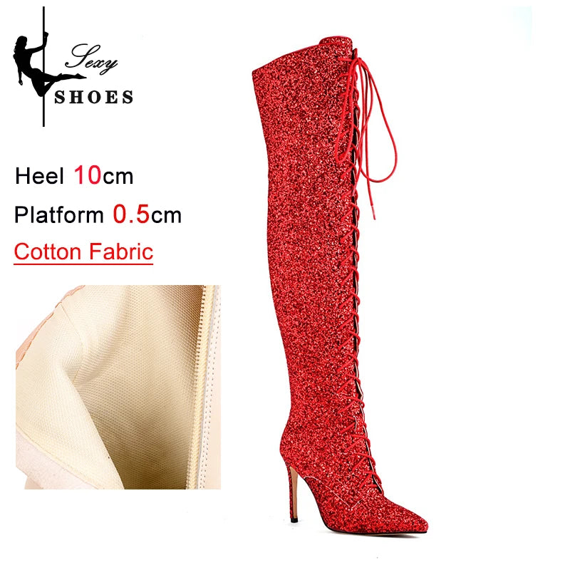 Botas femininas de lantejoulas acima do joelho, salto alto fino, botas longas pontiagudas, sapatos de festa para senhora, moda boate, 10cm, outono e inverno