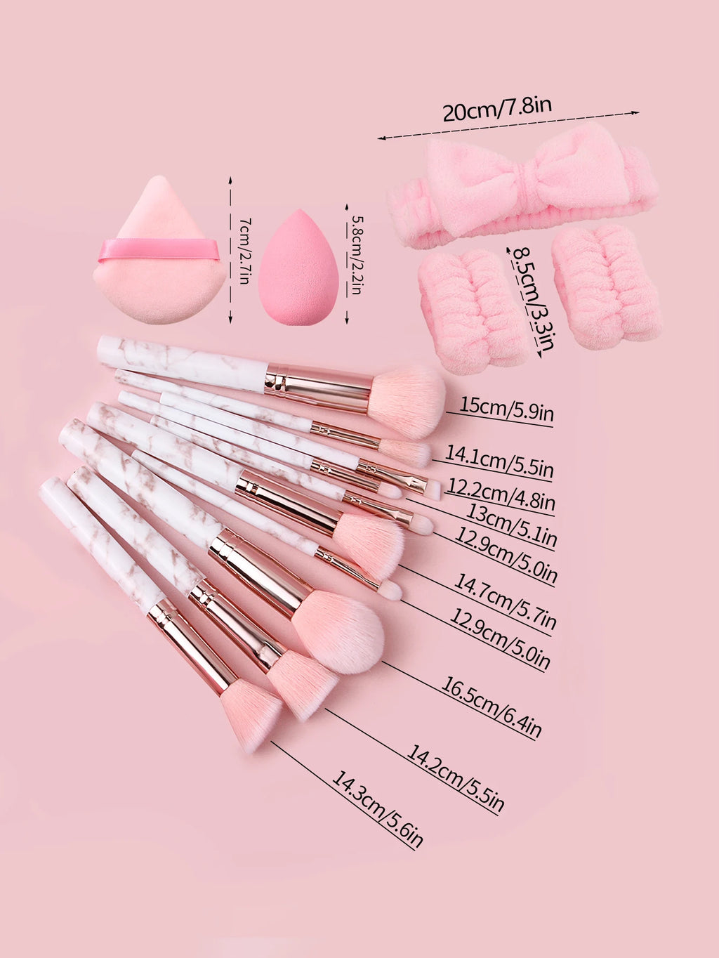 17 pçs conjunto de escova de maquiagem rosa, escova facial multifuncional + faixa de cabelo macio pulseira + esponja fina ovo triangular pó puff