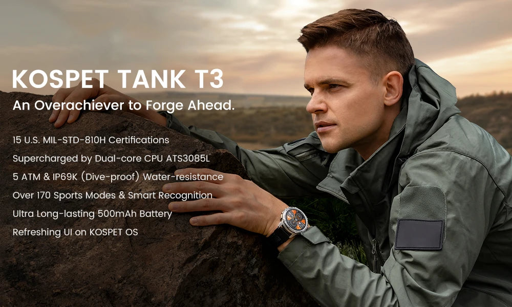 Original KOSPET TANK T3 Relógio Inteligente Para Homens Militar Smartwatch Mulheres Relógios de Fitness Digitais AMOLED AI Voz AOD Bluetooth