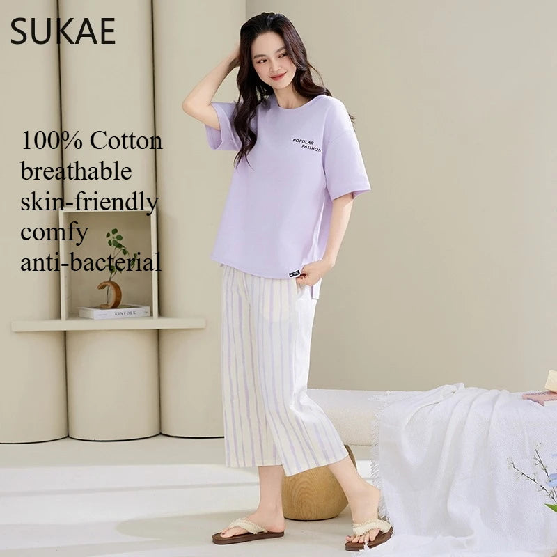 SUKAE-Conjunto de Pijamas dos desenhos animados das mulheres, 100% algodão, calça curta na altura do joelho, pijamas, capris loungewear, pijamas de verão, M-4XL
