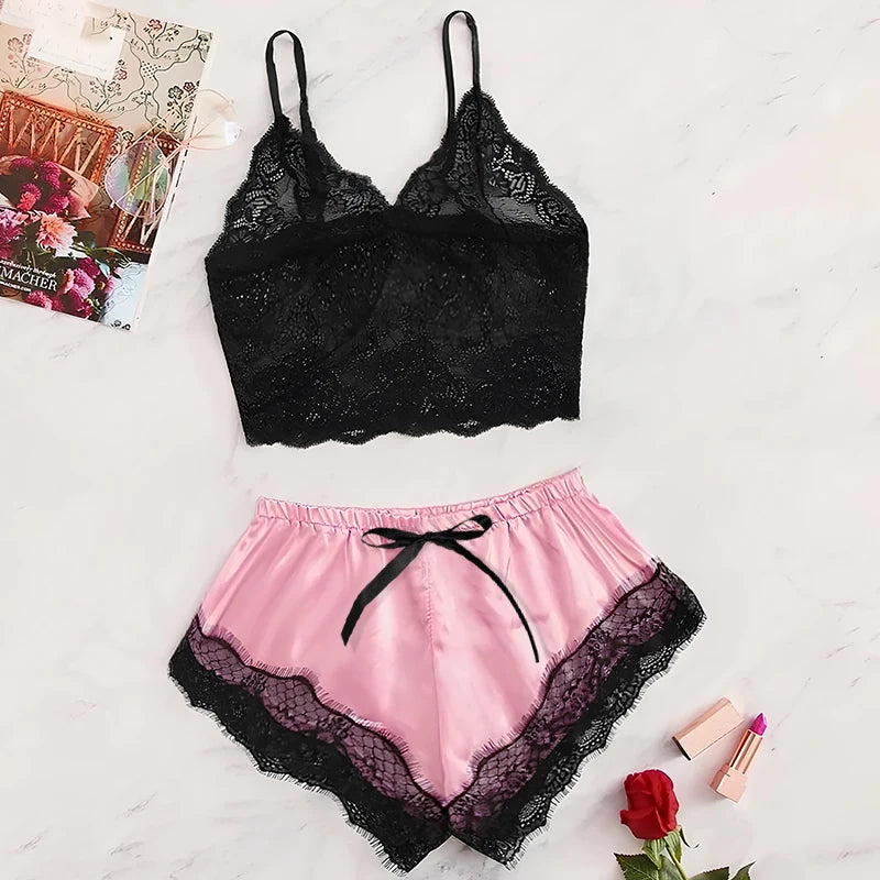 Conjunto de pijama de renda sexy feminino, 2 peças, bralette transparente, top e shorts, roupa de dormir respirável, plus size, lingerie de verão