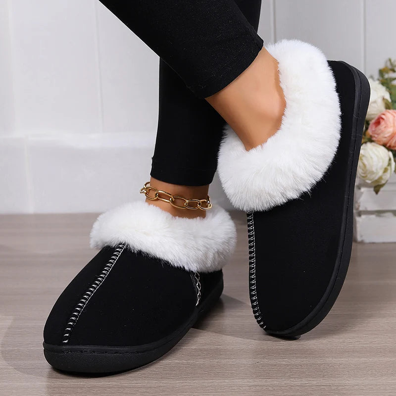 Inverno quente interior flurry chinelos feminino camurça do falso dedo do pé fechado casal chinelos mulher conforto sola macia casa slides mujer