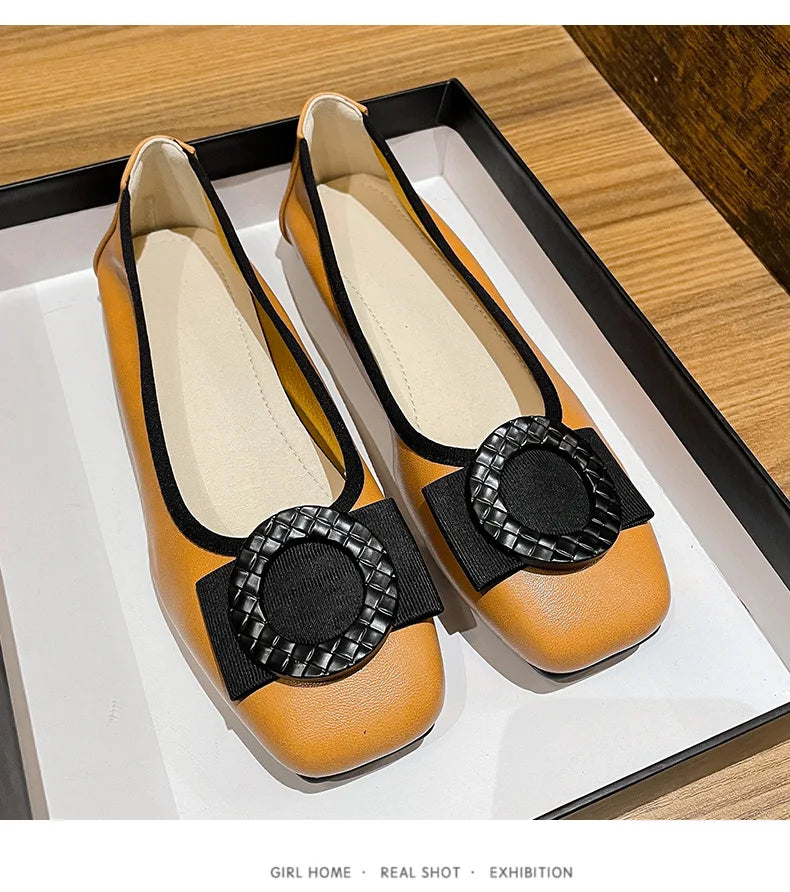 Sapatilhas de couro feminino, bombas de dedo do pé redondo, mocassins senhora do escritório, doce bowknot, sola macia, plus size, 43, 44