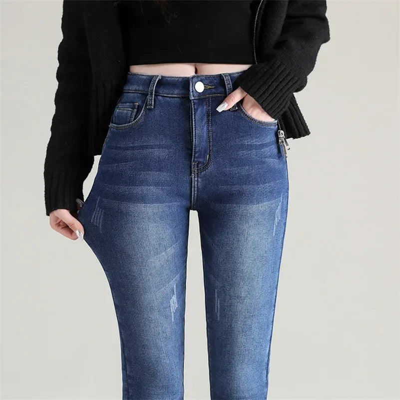 Inverno senhora térmica quente jeans de pelúcia magro estiramento jeans senhora fino ajuste lápis calças meninas perna reta denim