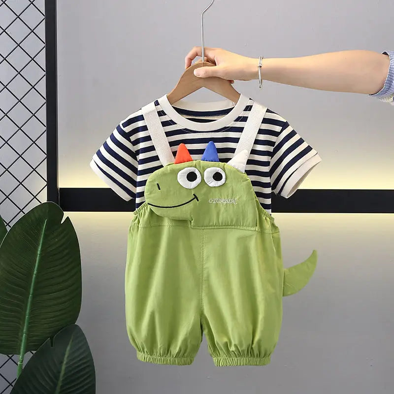 Verão crianças meninos roupas da criança casual dinossauro roupas tiras t camisa dos desenhos animados babador calças curtas 2 pçs/set crianças terno conjuntos