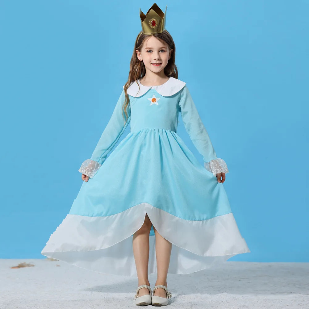 Pêssego rosalina vestido meninas margarida cosplay roupas crianças halloween vestir-se roupas de verão rendas applique princesa traje