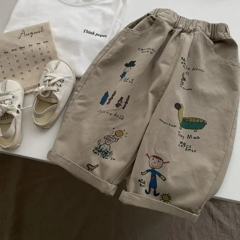 Japão coreano crianças roupas menino crianças moda calças primavera outono bebê bolso tornozelo comprimento solto menina dos desenhos animados calças casuais