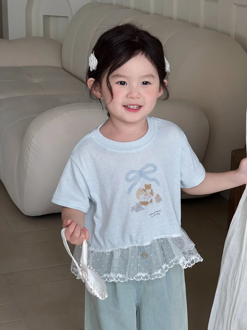 Crianças camisetas de manga curta 2025 verão novo arco dos desenhos animados impressão meninas rendas camiseta do bebê meninas algodão casual topos crianças roupas