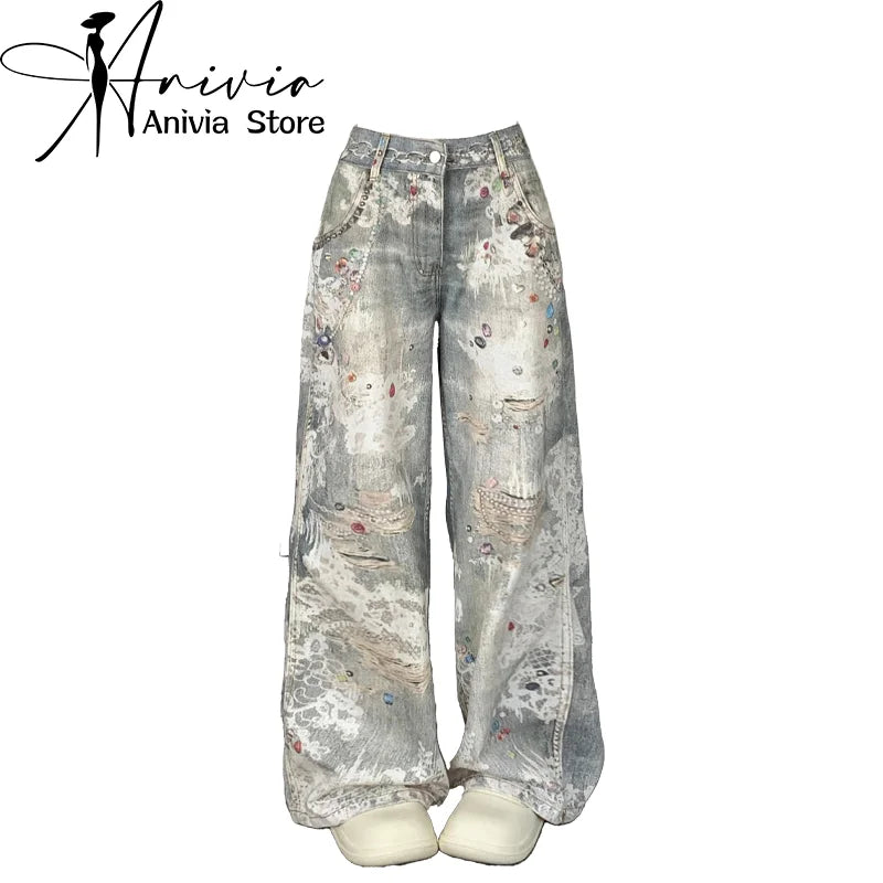 Calças de brim largas cinza femininas y2k diamantes decorativos calças de rua alta harajuku menina quente 2000 estilo retro calças jeans roupas