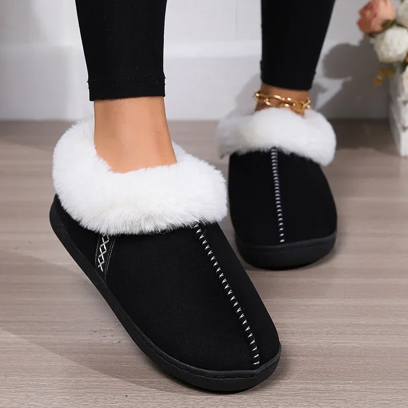Inverno quente interior flurry chinelos feminino camurça do falso dedo do pé fechado casal chinelos mulher conforto sola macia casa slides mujer