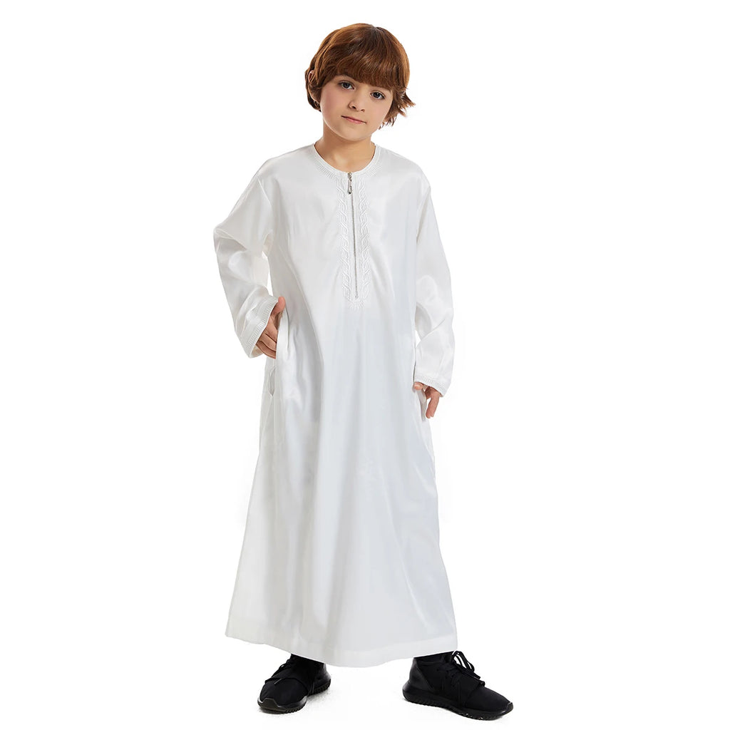 Crianças muçulmanas Abaya Ramadan Jubba Prayer Thobe, vestido longo islâmico para crianças, vestido com o pescoço para meninos, Kaftan Dubai e árabe