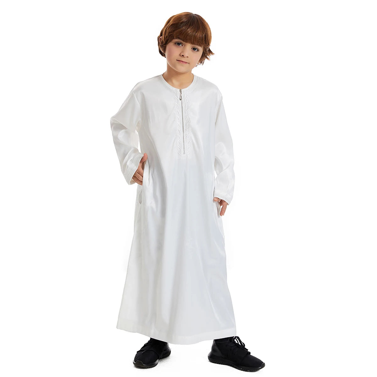 Crianças muçulmanas Abaya Ramadan Jubba Prayer Thobe, vestido longo islâmico para crianças, vestido com o pescoço para meninos, Kaftan Dubai e árabe