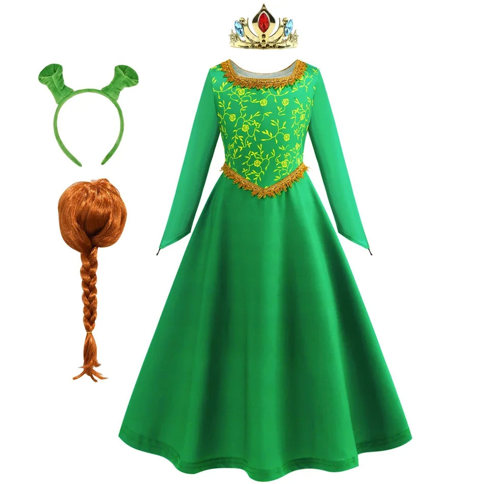 Fantasia fiona cosplay meninas vestido verde roupas dos desenhos animados monstro traje disfarce crianças role play roupas de halloween crianças