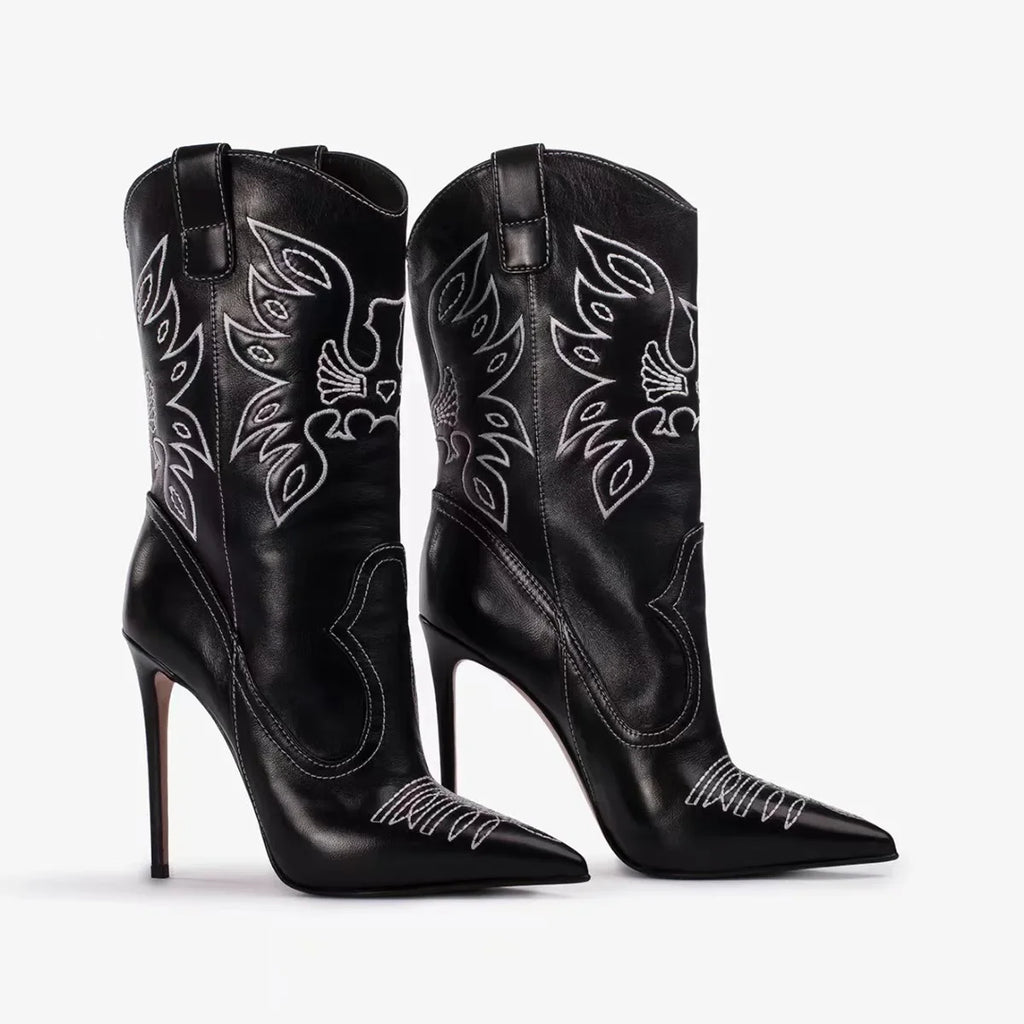 Moda feminina europeia e americana salto alto apontado ocidental denim bordado linha joelho manga alta botas de strass