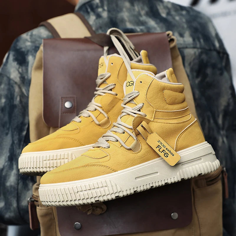 Sapatos masculinos de cano alto de inverno, sapatos esportivos casuais de couro, roupas de trabalho retrô, sapatos esportivos casuais versáteis e modernos