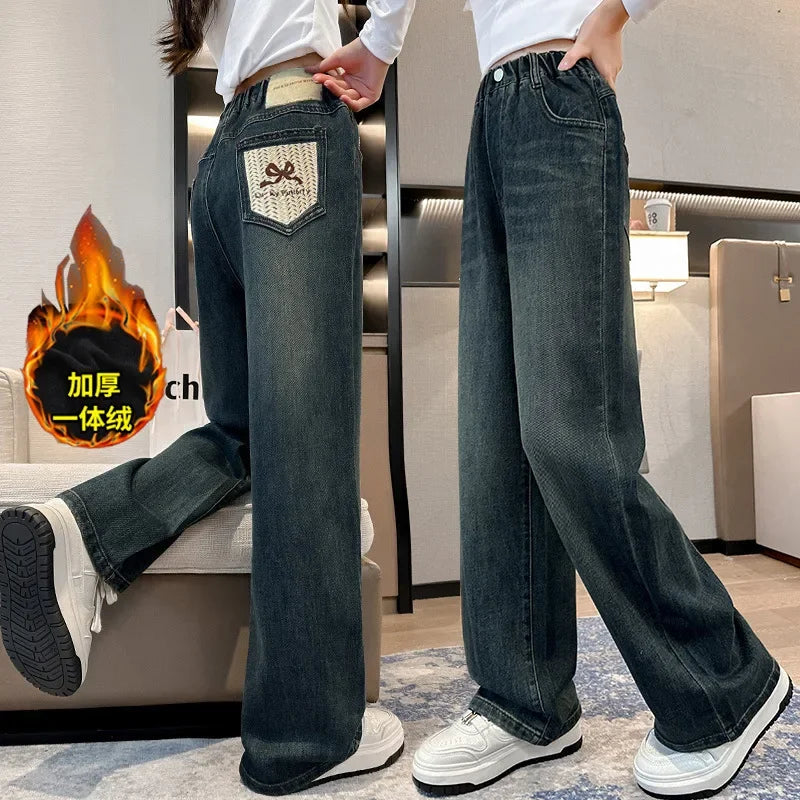 Meninas adolescentes jeans com lã outono inverno moda casual crianças perna larga calças jeans isoladas escola crianças denim