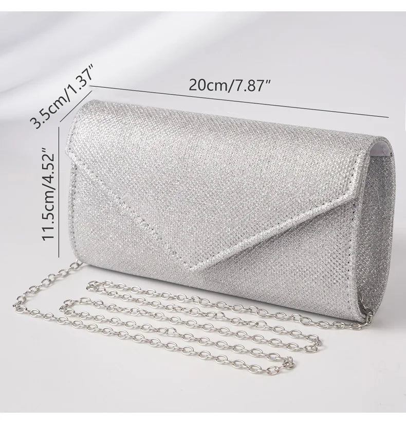 Bolsa de Noite Prateada com Glitter para Mulheres, Elegante e Fashion, Bolsa Longa com Cadeado, Clutch para Casamentos e Festas