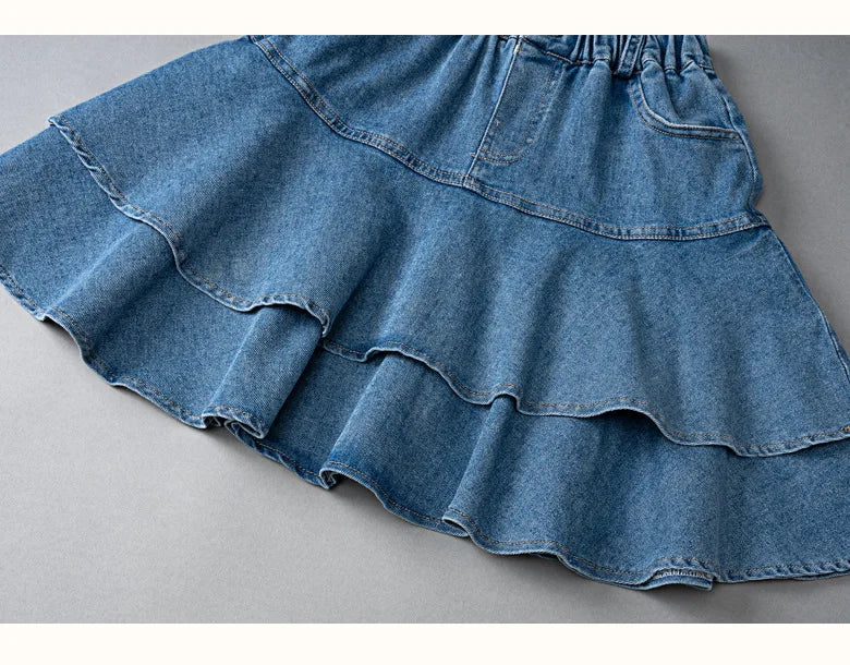 Saia curta jeans feminina com plissado, saia casual infantil, moda verão, combina com tudo, 4 a 12 anos, para crianças em escolas adolescentes, em camadas