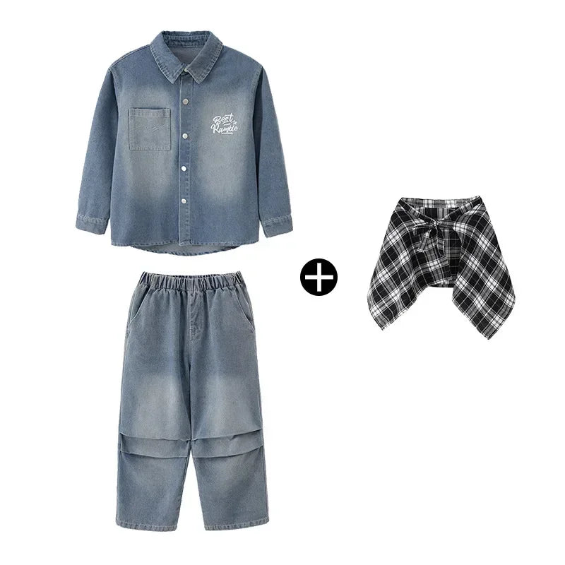 Crianças menino menina solta casual streetwear moda hip hop crianças denim camisa calça jeans define ternos agasalho roupas de palco traje