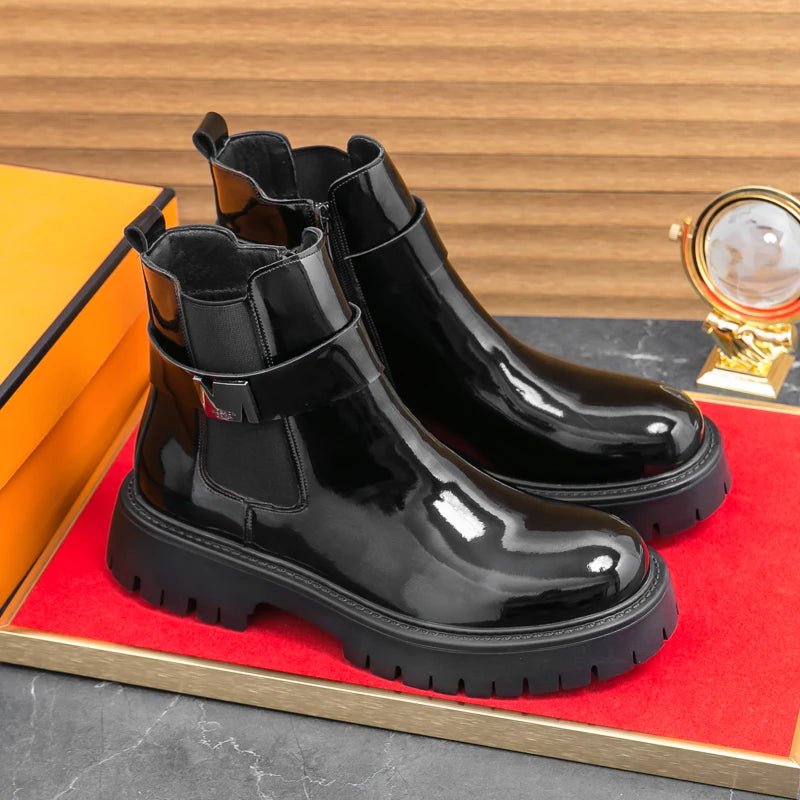 Botas masculinas de couro envernizado, de alta qualidade, superfície brilhante, confortável, sola grossa, cano alto, marca de moda, antiderrapante, chelsea