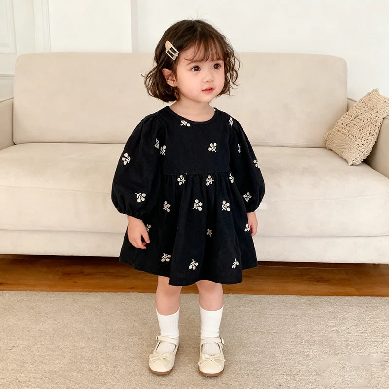 2026 nova primavera meninas vestido de princesa crianças estilo coreano bordado roupas 2-6yrs manga comprida algodão crianças vestido de festa