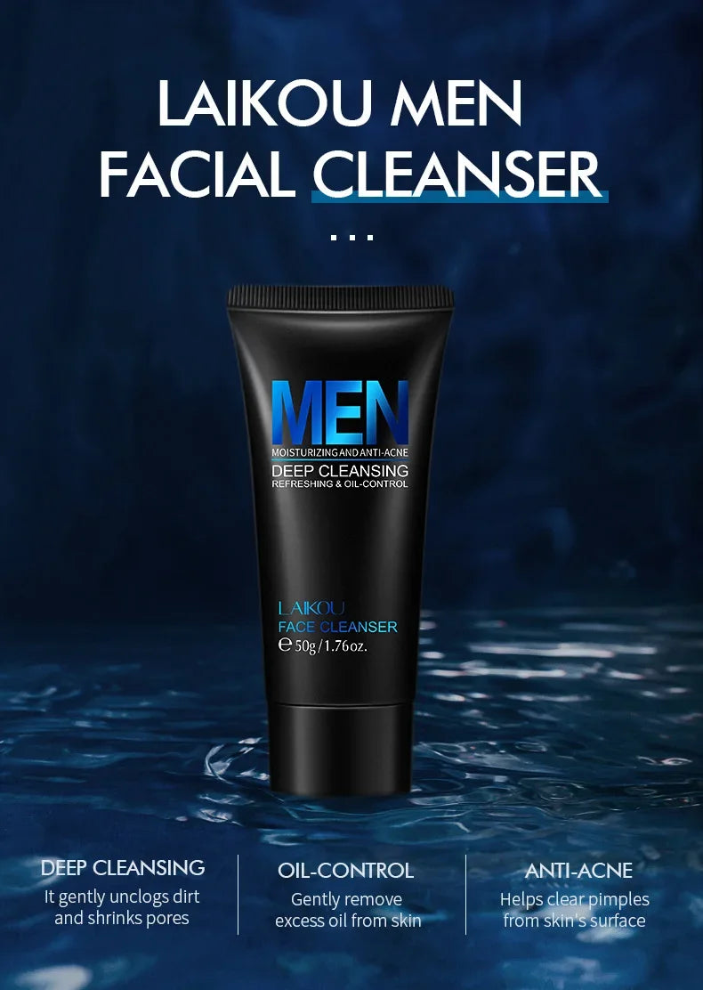 LAIKOU Limpador Facial Masculino 50g Limpeza Profunda Controle de Oleosidade Anti Acne Refrescante Hidratante Para Cuidados com a Pele Masculina