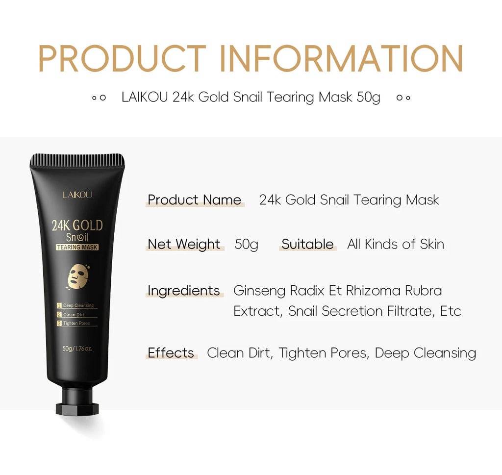 Laikou 24k ouro caracol peel-off máscara 3 pçs limpeza profunda poros aperto remoção de cravo desintoxicante tratamento facial 50g