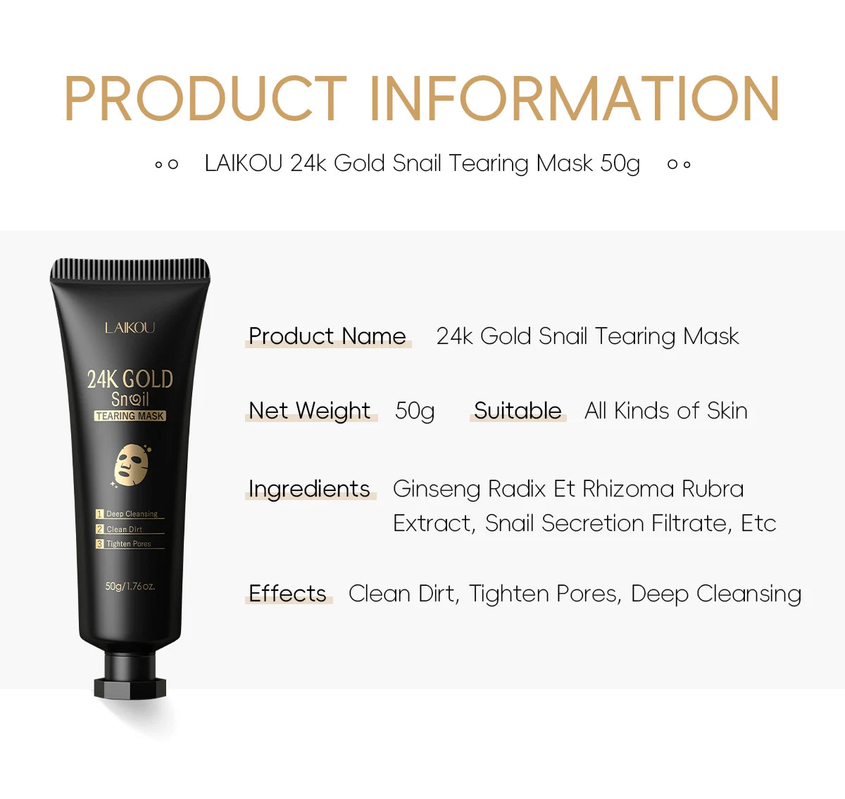 Laikou 24k ouro caracol peel-off máscara 3 pçs limpeza profunda poros aperto remoção de cravo desintoxicante tratamento facial 50g