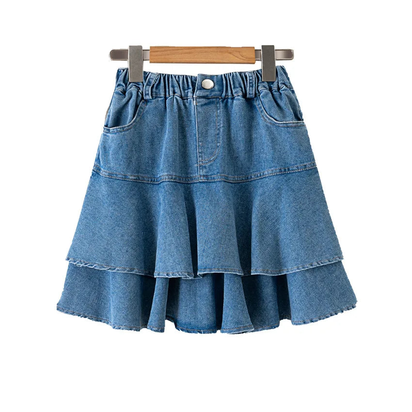 Saia curta jeans feminina com plissado, saia casual infantil, moda verão, combina com tudo, 4 a 12 anos, para crianças em escolas adolescentes, em camadas