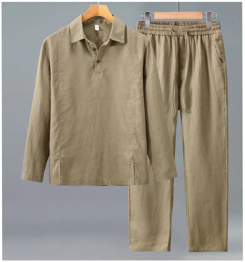 Camisa de Linho Pura de Manga Longa para Homens, Camiseta Leve e Respirável, Conjunto de Calças Casuais de Linho para Primavera e Outono